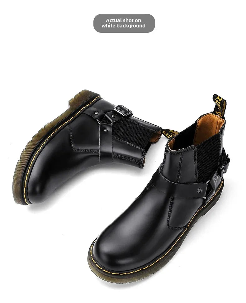 Leather Chelsea Boots Unisex round Toe Biker Style Short Boots Couples Matching Flat Bottom Rubber Sole Spring Autumn Wear