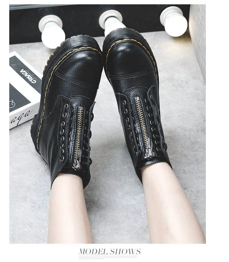British Punk Style 8-Hole Motorcycle Boots: 2-Way Wear Chunky Platform with Front Zipper - Fashion Unisex All-Season Boots for
