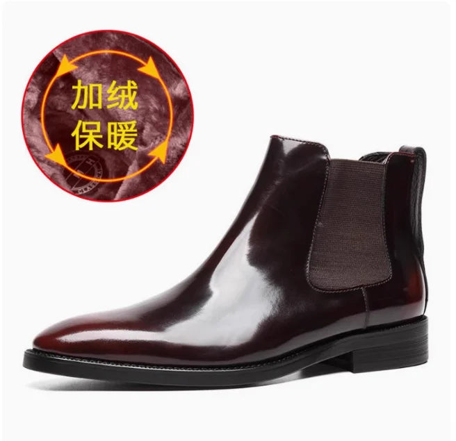 Men's Chelsea boots, glossy leather, high-top shoes, business pointed toe slip-on genuine leather work boots, short leather boot