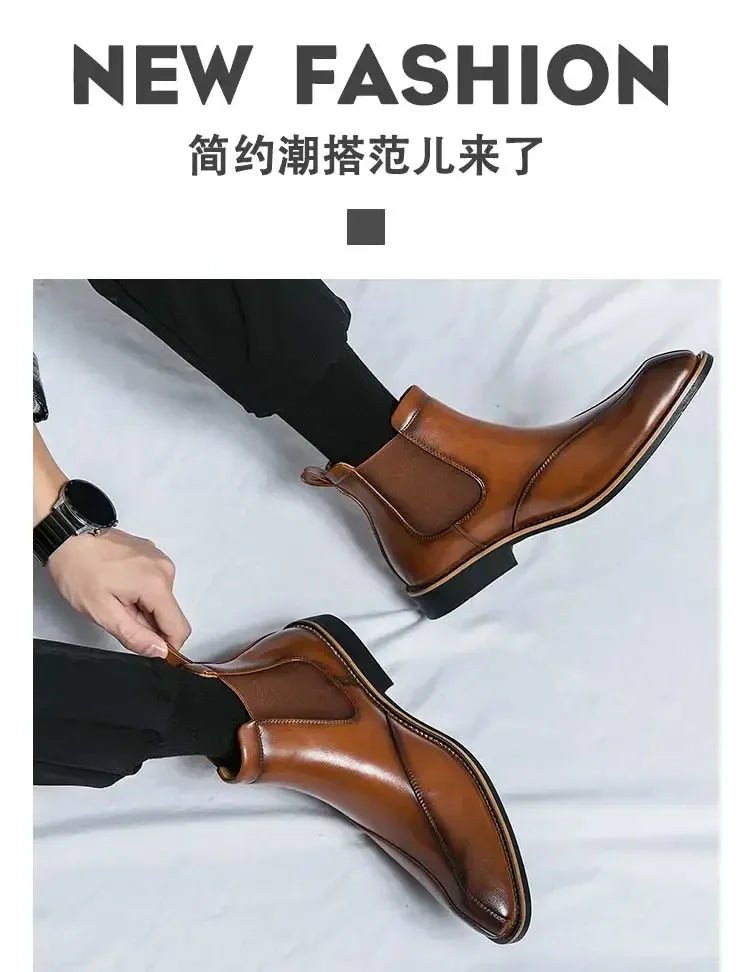 New Brown Chelsea Boots for Men Ankle Business Square Toe Slip-On Mens Boots  Size 38-45
