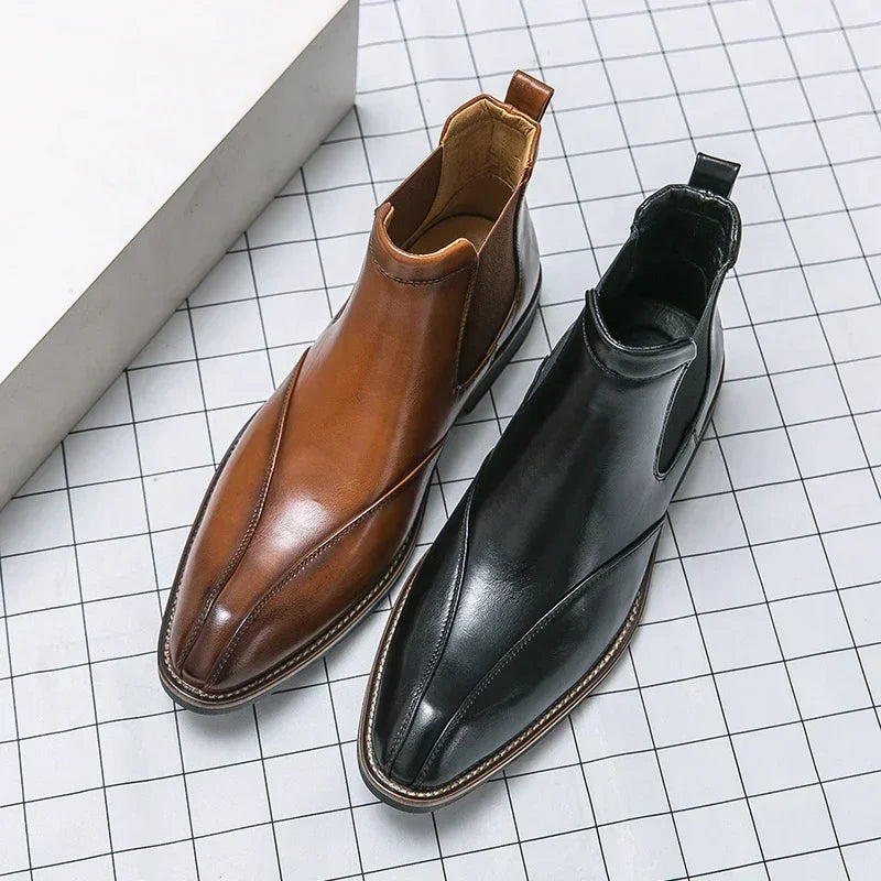 New Brown Chelsea Boots for Men Ankle Business Square Toe Slip-On Mens Boots  Size 38-45