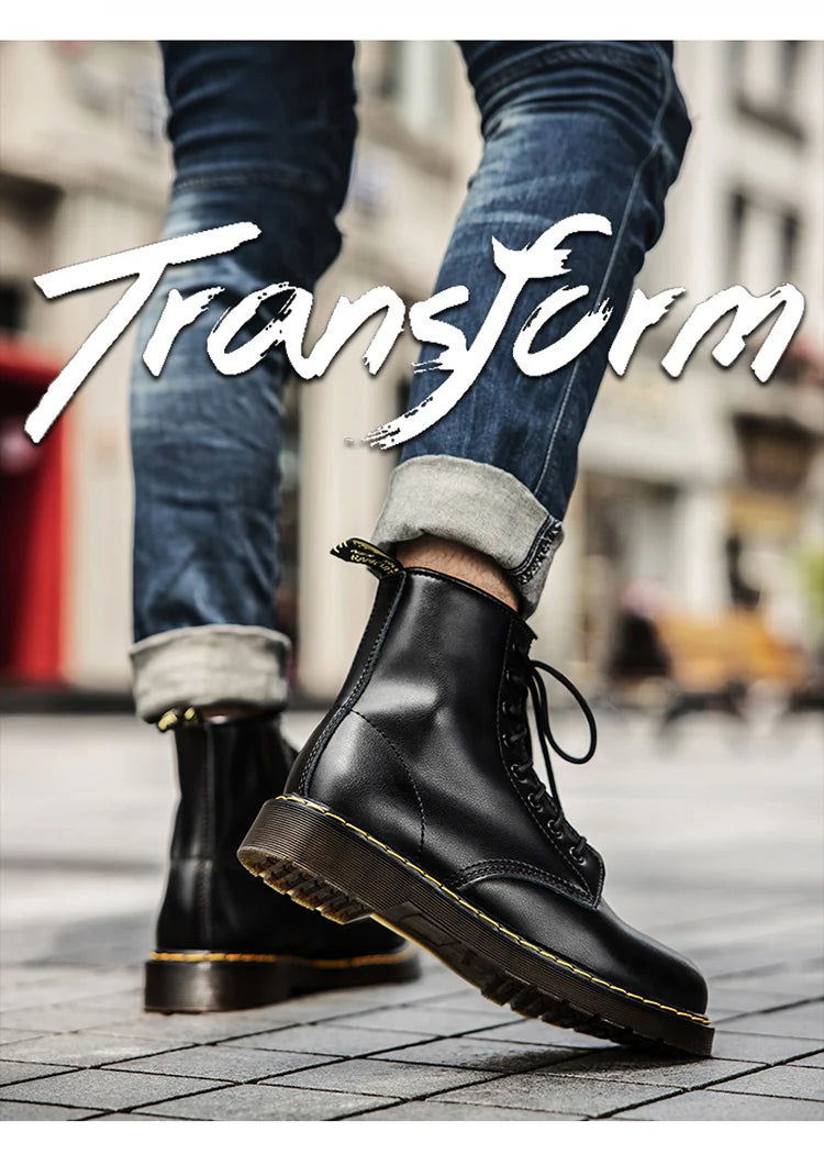 Men's high-top boots, high-quality women's leather shoes, outdoor 8-hole sports shoes, men's lace-up ankle boots, couple 35-48