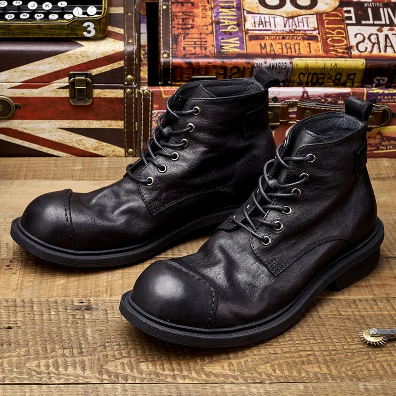 Vintage Business Mens Boots Luxury Genuine Cow Leather Spring Work Shoes 2025 New Style Full Grain Leather Round Toe Ankle Boots