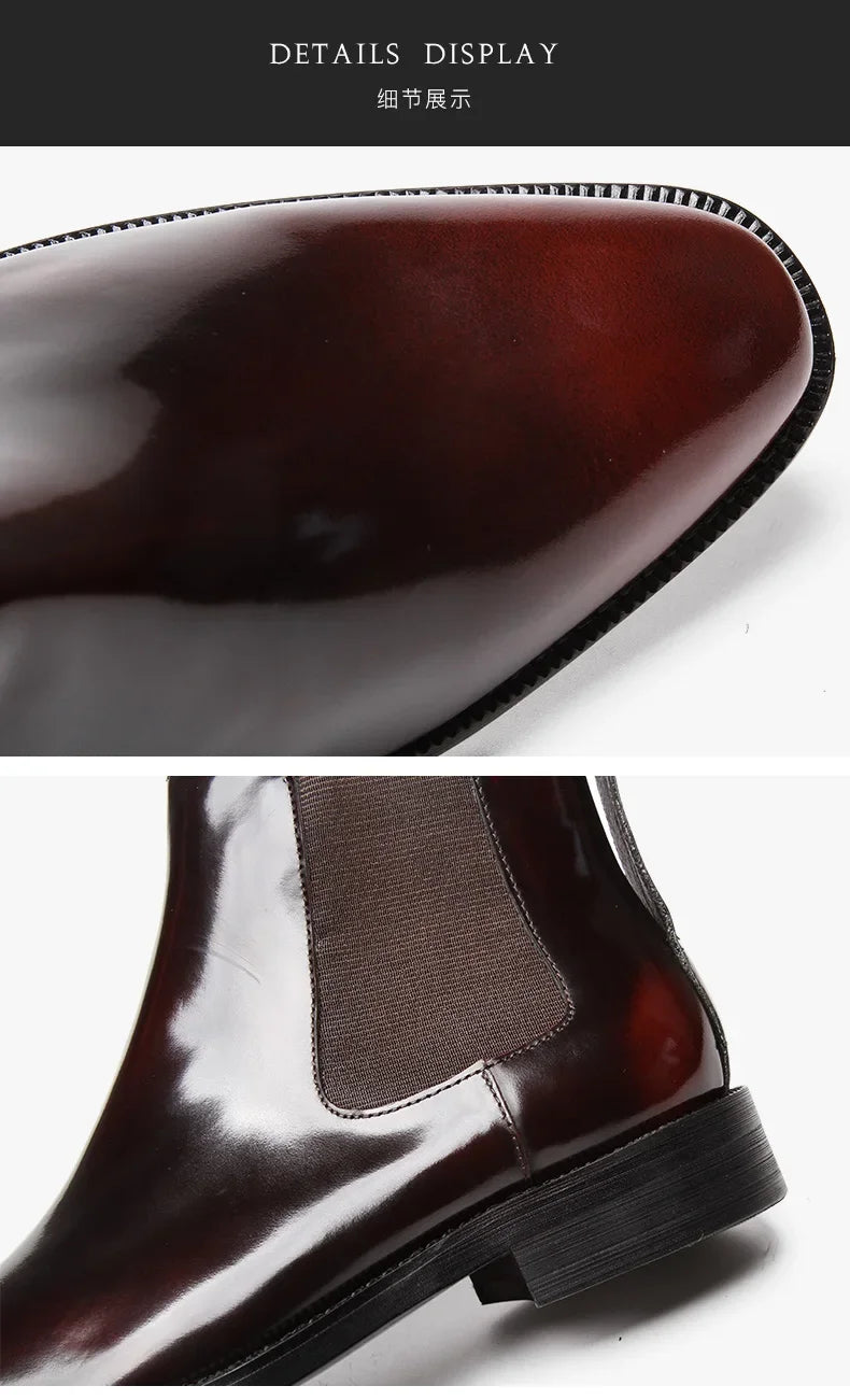 Men's Chelsea boots, glossy leather, high-top shoes, business pointed toe slip-on genuine leather work boots, short leather boot