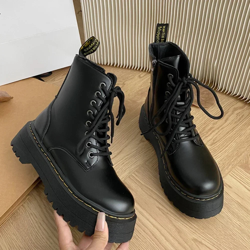 New Women Motorcycle Boots Casual Shoes Woman Leather Minimalist Classic Punk Female Goth Shoes Platform Boots Women Botas Mujer