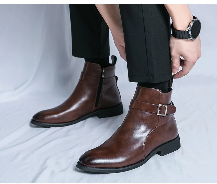 Men's Winter High-top Versatile Chelsea Boots Classic Soft and Comfortable Zippered Shoes Maximum Size 47 Black Leather Shoes
