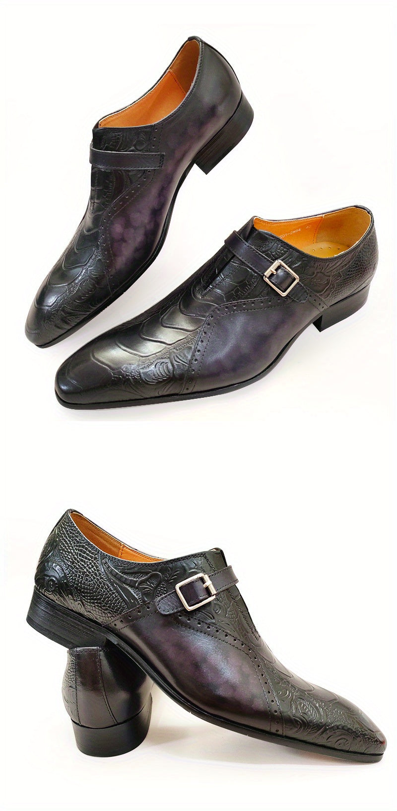 Men's Genuine Leather Dress Loafers - Elegant Embossed Design, Non-Slip Slip-On Shoes for Business & Formal Occasions, Black with Purple Accents, Pointed Toe, Rubber Sole, All-Season Wear, Office Loafers | Stylish Buckle Shoe