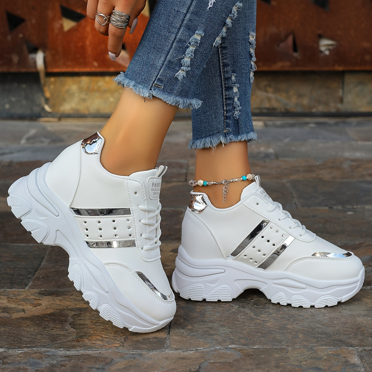 [8cm Height Boost Platform Sneakers] Elevate Your Style With These Fashionable White And Golden Platform Sneakers For Women In Large Size (42). These Shoes Are Trendy And Versatile, Adding 8cm To Your Height With A Dad Shoe D