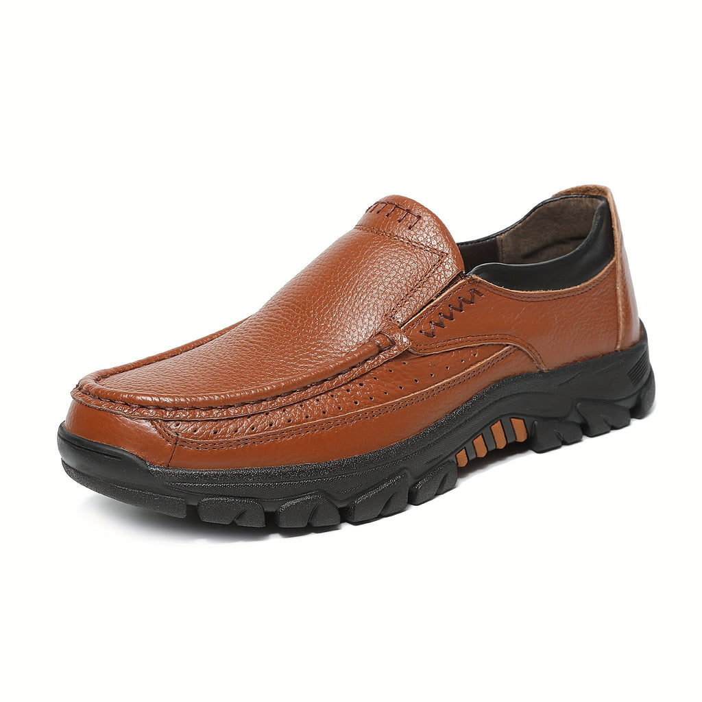 Leather Slip-On, Rubber Sole, Round Toe Shoes for Men