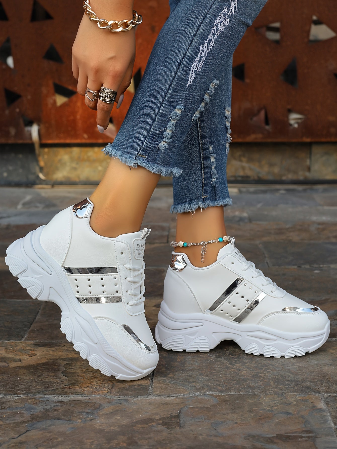 [8cm Height Boost Platform Sneakers] Elevate Your Style With These Fashionable White And Golden Platform Sneakers For Women In Large Size (42). These Shoes Are Trendy And Versatile, Adding 8cm To Your Height With A Dad Shoe D