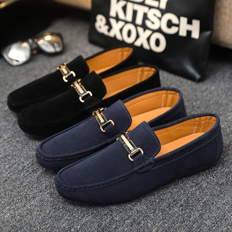 Men'S Slip-On Loafers - Black Faux Cover with Golden-Tone Buckle Straps, Round Toe & Rubber Sole for Casual & Formal Wear, All-Season Comfort, Formal Footwear, Sleek Shoe Design, Durable Footwear