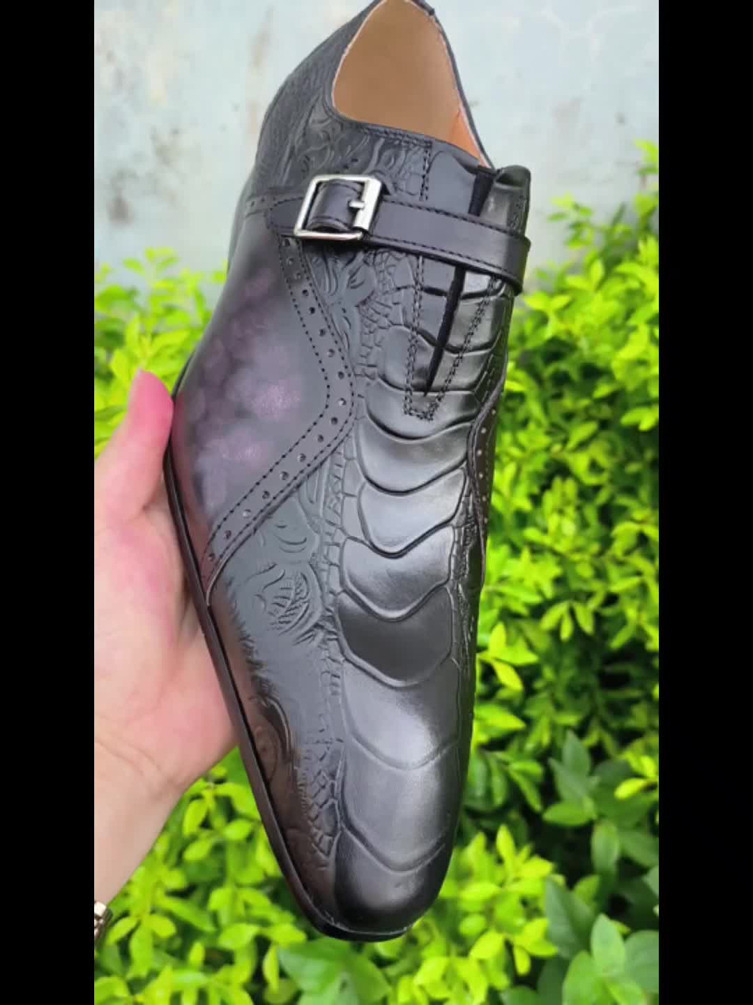 Men's Genuine Leather Dress Loafers - Elegant Embossed Design, Non-Slip Slip-On Shoes for Business & Formal Occasions, Black with Purple Accents, Pointed Toe, Rubber Sole, All-Season Wear, Office Loafers | Stylish Buckle Shoe