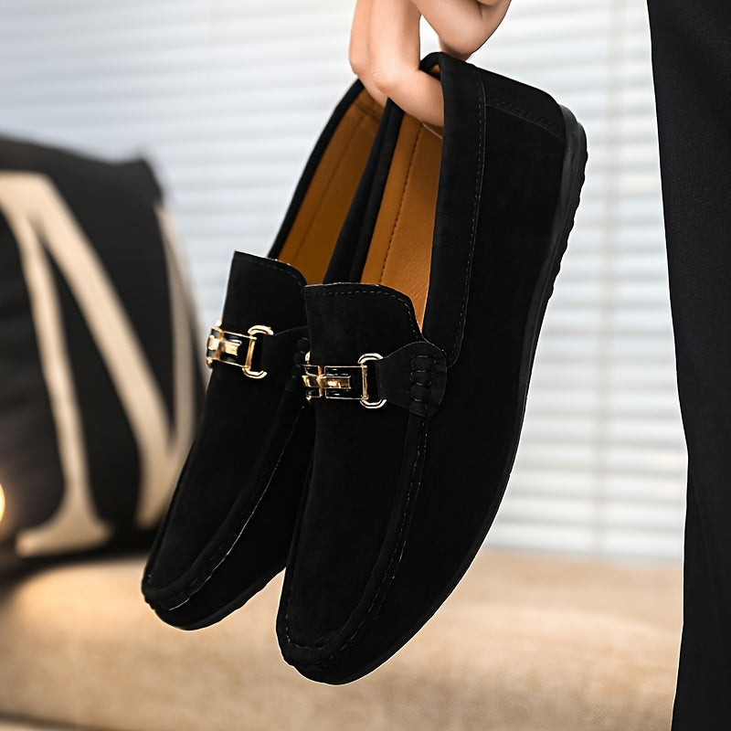 Men'S Slip-On Loafers - Black Faux Cover with Golden-Tone Buckle Straps, Round Toe & Rubber Sole for Casual & Formal Wear, All-Season Comfort, Formal Footwear, Sleek Shoe Design, Durable Footwear