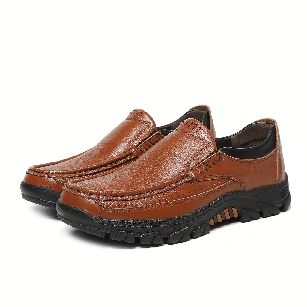 Leather Slip-On, Rubber Sole, Round Toe Shoes for Men