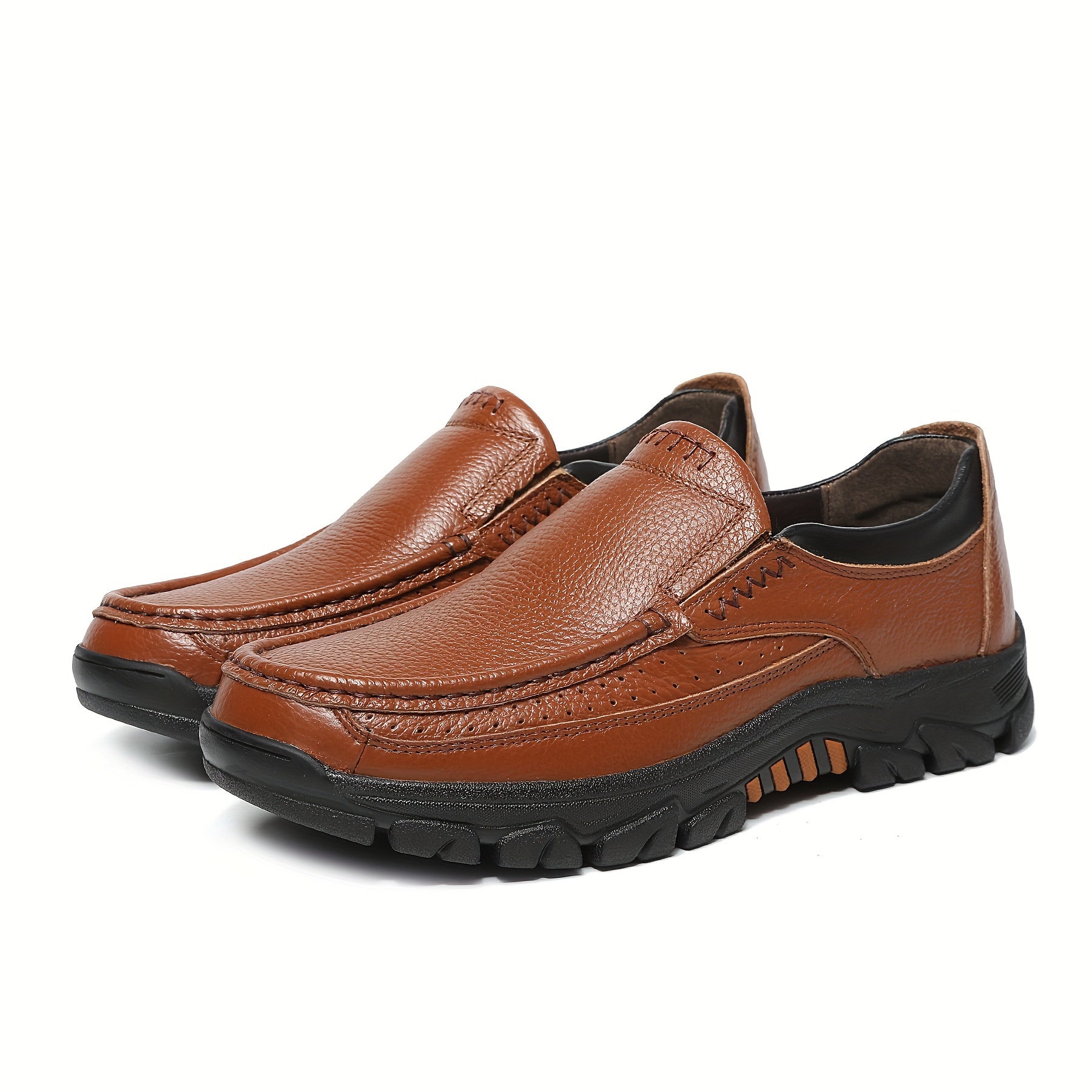 Leather Slip-On, Rubber Sole, Round Toe Shoes for Men