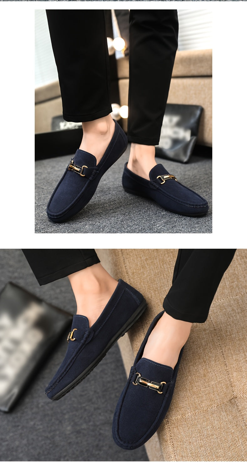 Men'S Slip-On Loafers - Black Faux Cover with Golden-Tone Buckle Straps, Round Toe & Rubber Sole for Casual & Formal Wear, All-Season Comfort, Formal Footwear, Sleek Shoe Design, Durable Footwear