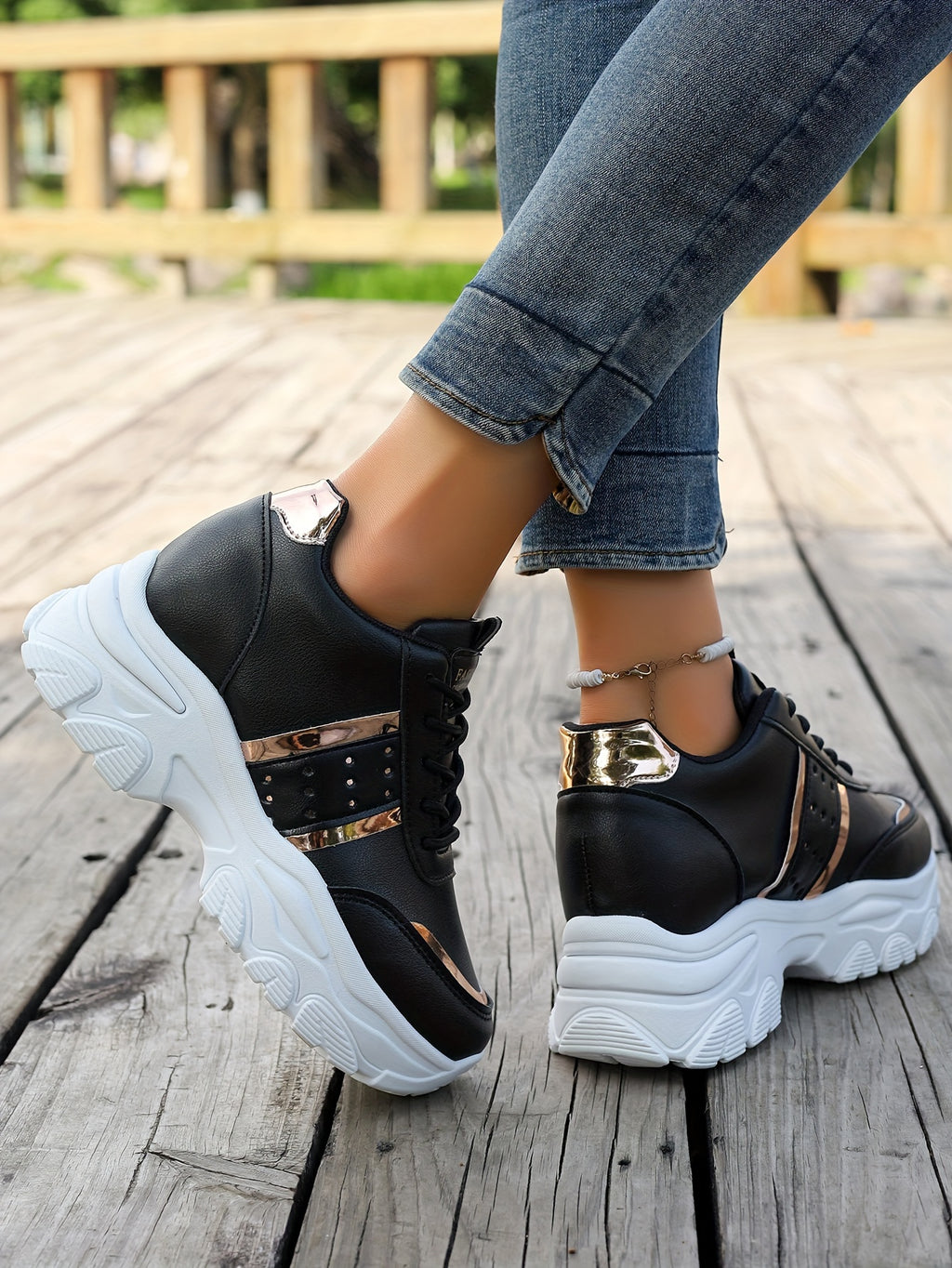 [8cm Height Boost Platform Sneakers] Elevate Your Style With These Fashionable White And Golden Platform Sneakers For Women In Large Size (42). These Shoes Are Trendy And Versatile, Adding 8cm To Your Height With A Dad Shoe D