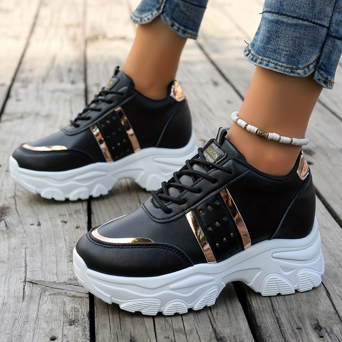[8cm Height Boost Platform Sneakers] Elevate Your Style With These Fashionable White And Golden Platform Sneakers For Women In Large Size (42). These Shoes Are Trendy And Versatile, Adding 8cm To Your Height With A Dad Shoe D