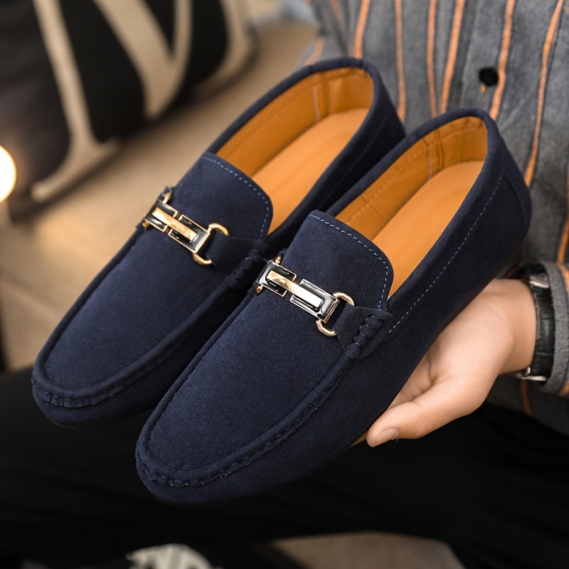 Men'S Slip-On Loafers - Black Faux Cover with Golden-Tone Buckle Straps, Round Toe & Rubber Sole for Casual & Formal Wear, All-Season Comfort, Formal Footwear, Sleek Shoe Design, Durable Footwear