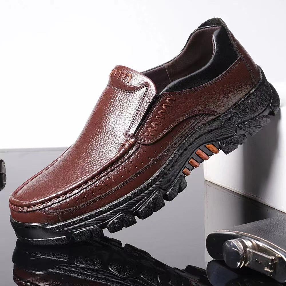 Leather Slip-On, Rubber Sole, Round Toe Shoes for Men