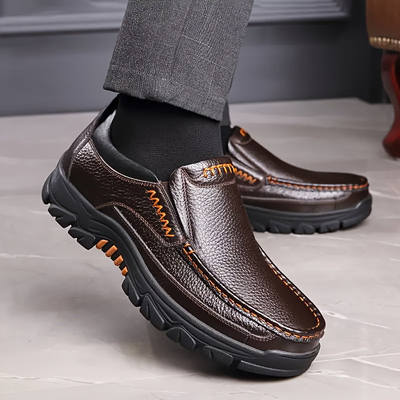 Leather Slip-On, Rubber Sole, Round Toe Shoes for Men