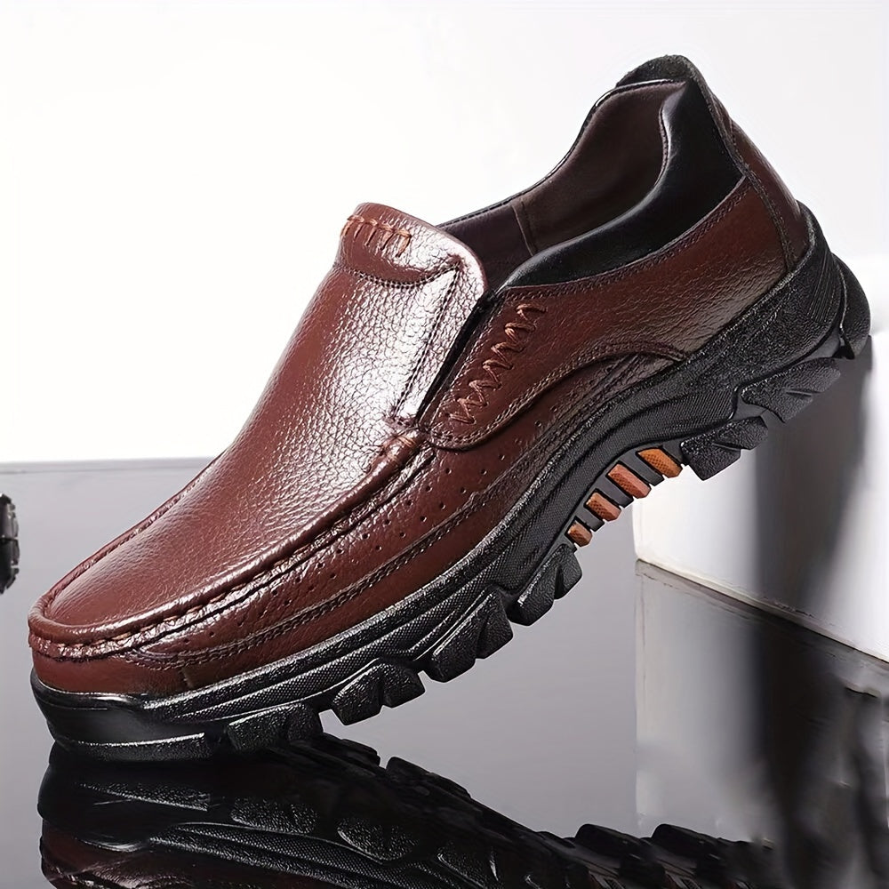 Leather Slip-On, Rubber Sole, Round Toe Shoes for Men