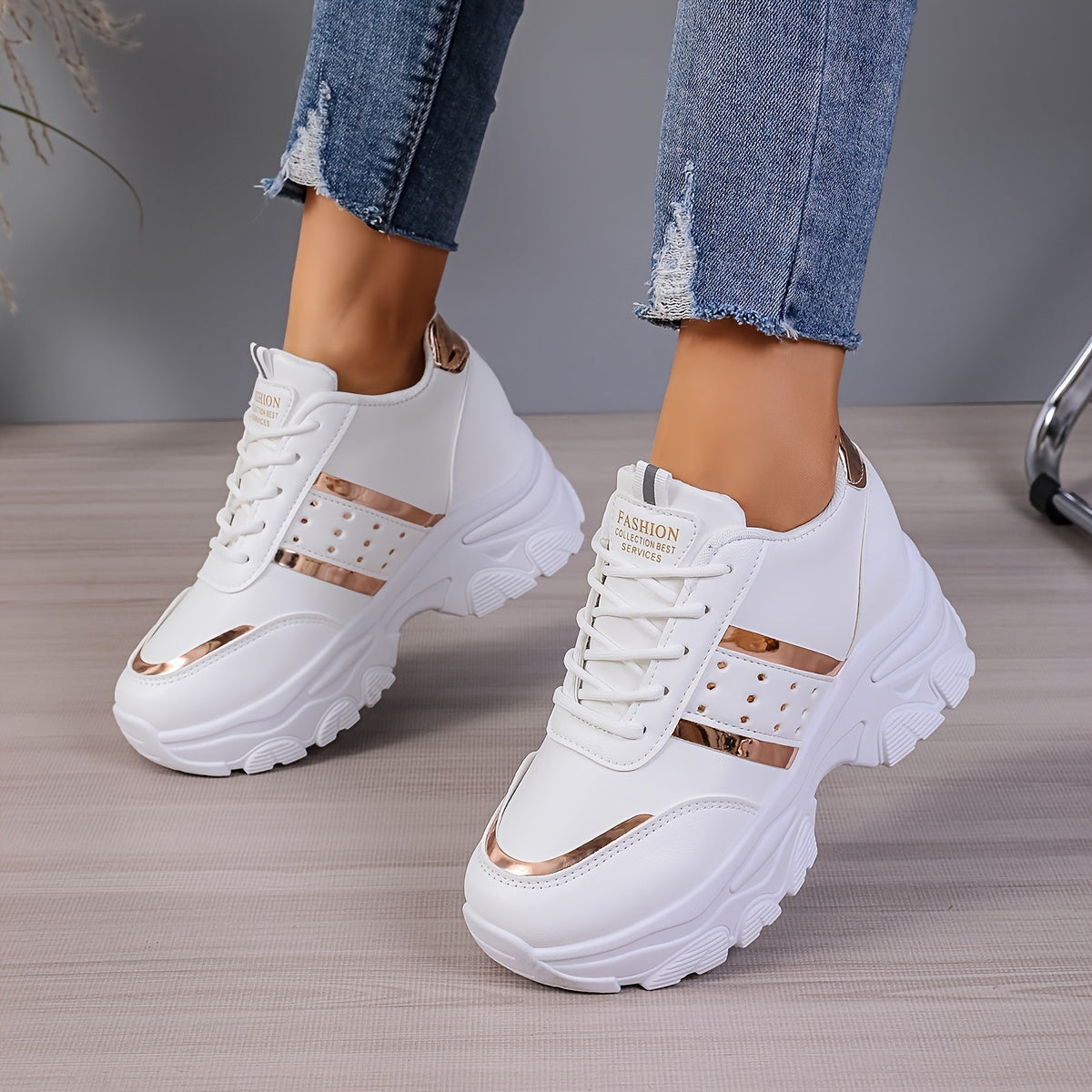 [8cm Height Boost Platform Sneakers] Elevate Your Style With These Fashionable White And Golden Platform Sneakers For Women In Large Size (42). These Shoes Are Trendy And Versatile, Adding 8cm To Your Height With A Dad Shoe D
