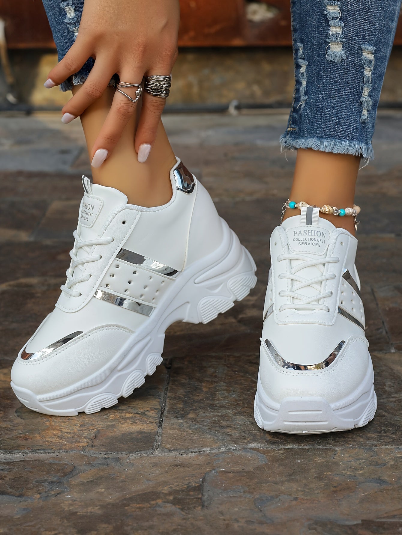 [8cm Height Boost Platform Sneakers] Elevate Your Style With These Fashionable White And Golden Platform Sneakers For Women In Large Size (42). These Shoes Are Trendy And Versatile, Adding 8cm To Your Height With A Dad Shoe D
