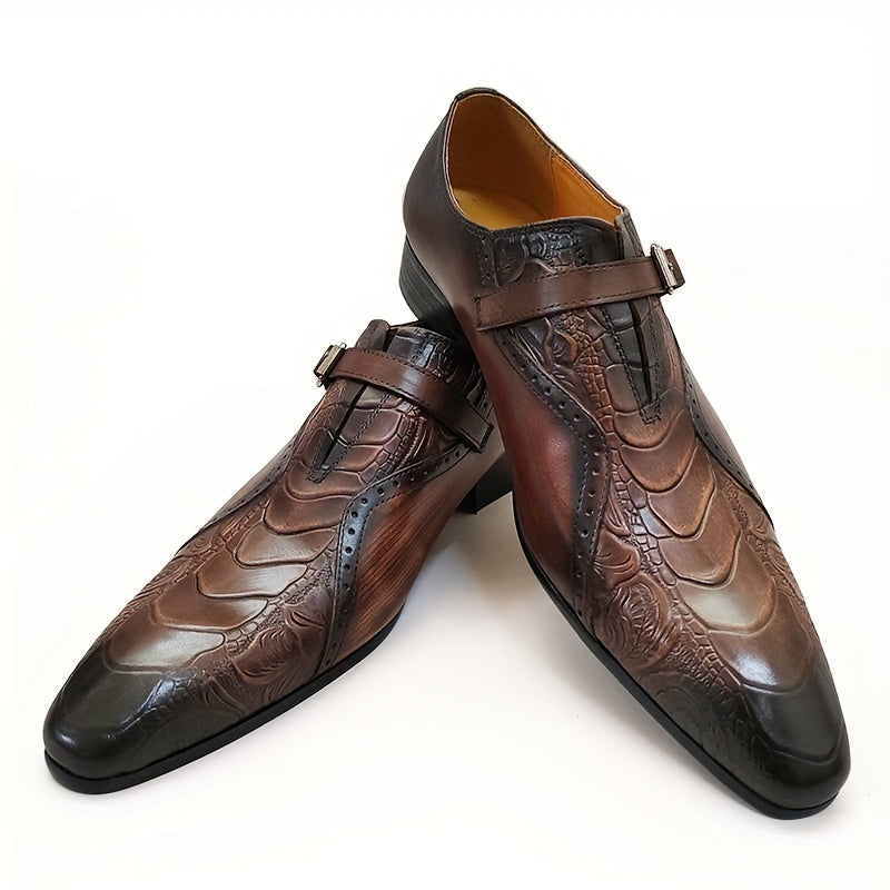 Men's Genuine Leather Dress Loafers - Elegant Embossed Design, Non-Slip Slip-On Shoes for Business & Formal Occasions, Black with Purple Accents, Pointed Toe, Rubber Sole, All-Season Wear, Office Loafers | Stylish Buckle Shoe