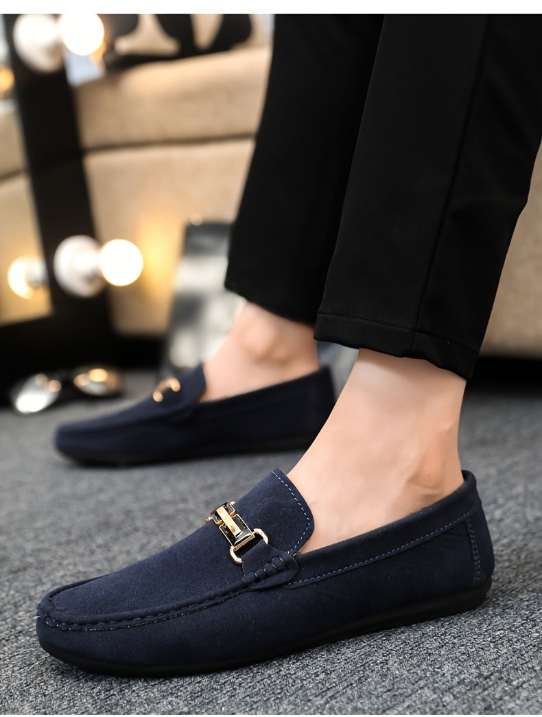 Men'S Slip-On Loafers - Black Faux Cover with Golden-Tone Buckle Straps, Round Toe & Rubber Sole for Casual & Formal Wear, All-Season Comfort, Formal Footwear, Sleek Shoe Design, Durable Footwear