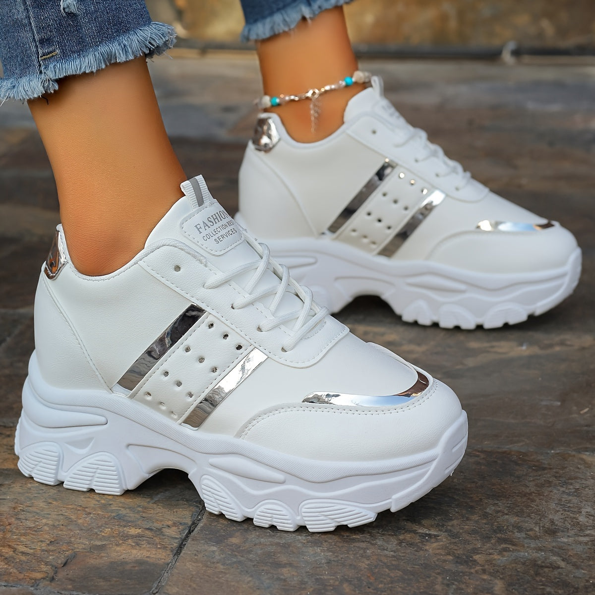 [8cm Height Boost Platform Sneakers] Elevate Your Style With These Fashionable White And Golden Platform Sneakers For Women In Large Size (42). These Shoes Are Trendy And Versatile, Adding 8cm To Your Height With A Dad Shoe D